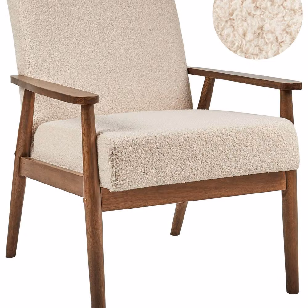 Wyld and Coco Beige Bouclé Armchair with Solid Rubberwood Frame and Mid-Century Design – 2