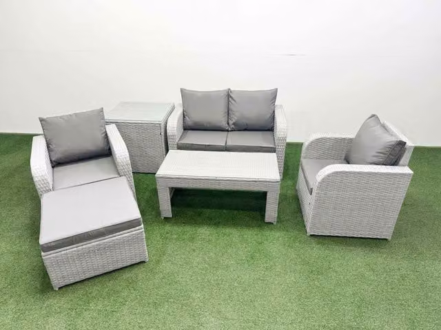 Fimous 5 Seater Light Grey PE Wicker Rattan Garden Furniture Set with Reclining Adjustable Chairs, Oblong Coffee Table, Ottoman and Side Table