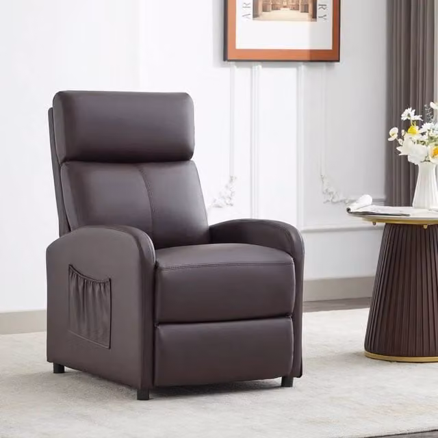 PAWNORA Brown PU Leather Push Back Recliner Chair with Lumbar Support and Armrests – 1