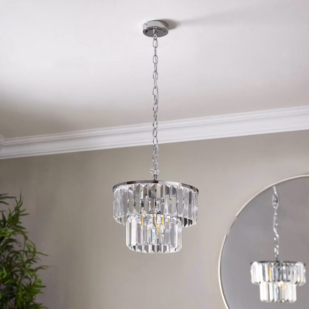 First Choice Lighting Knightsbridge Two Tier Glass Ceiling Pendant Light in Silver and Transparent – 4