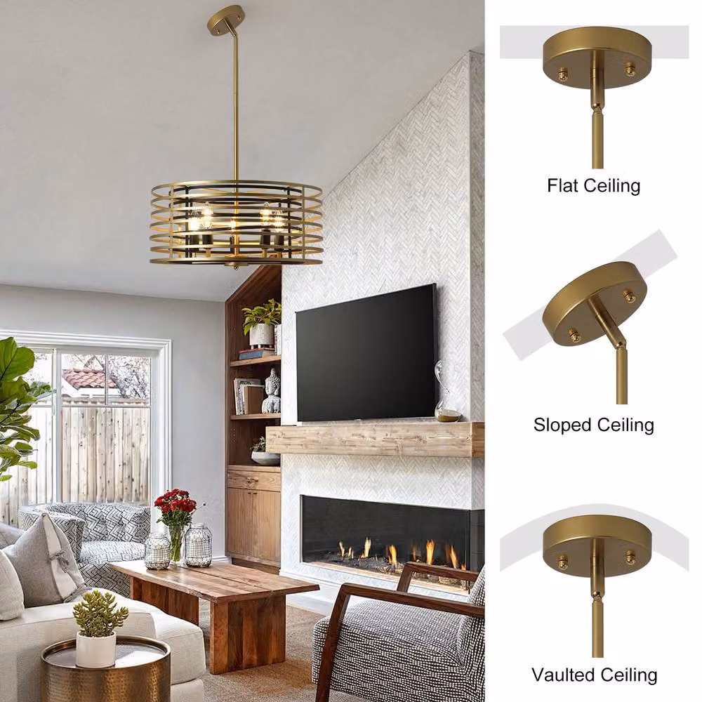 NIVOR 4 Light Adjustable Farmhouse Pendant Chandelier in Gold with Transparent Glass, E14 – 4