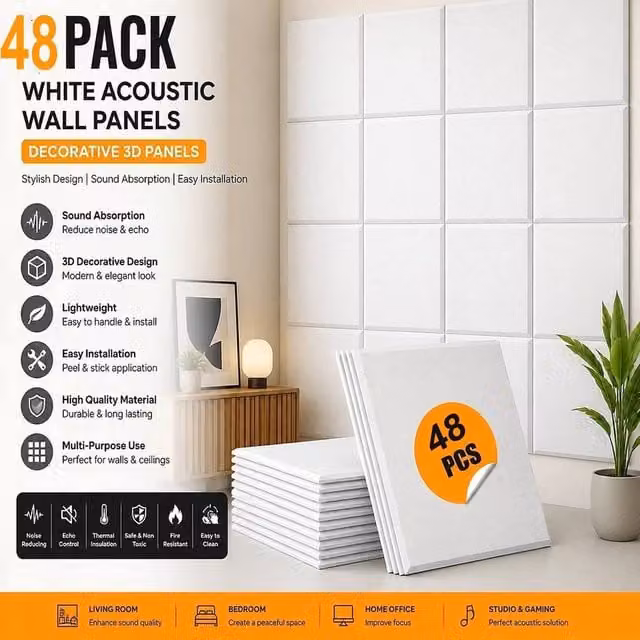 ATEK 48 Pack Self-adhesive Square Acoustic Soundproofing Felt Wall Panels in White