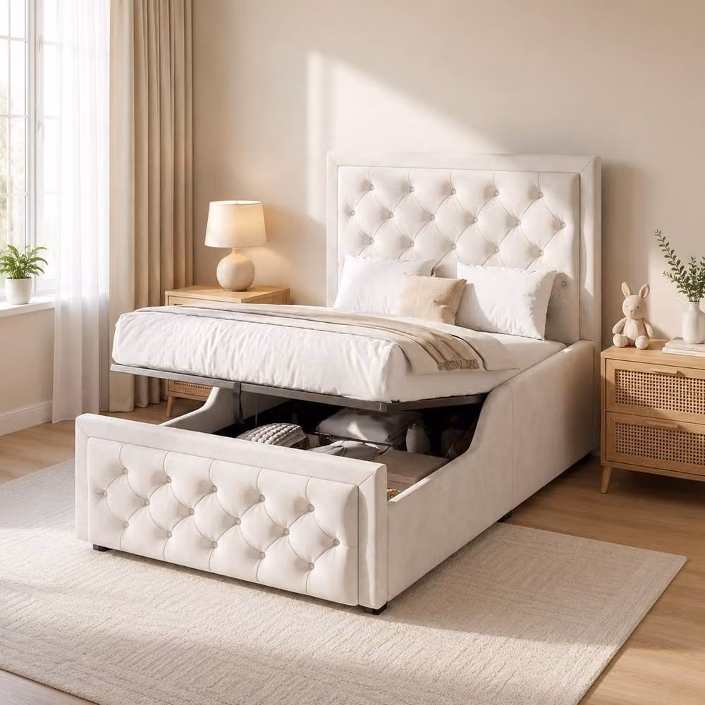 Merax Single Velvet Upholstered Bed Frame with Hydraulic Storage, Beige, W/D/H: 90 x 190 cm – 2