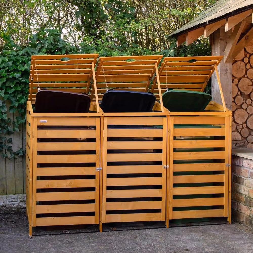 NESTLUNE Large Wooden Outdoor Garden Triple Wheelie Bin in Brown, W: 100 cm, D: 15 cm, H: 125 cm – 2