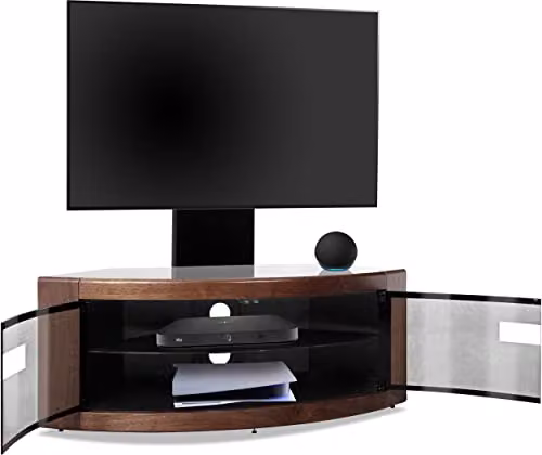Centurion Supports PANGEA Black and Walnut Beam-Thru Curved True-Corner TV Cabinet with Mounting Arm for 32-50 inch Screens, W/D/H: 118 x 45 x 45 cm – 4