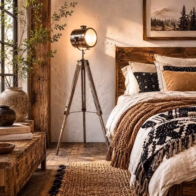 Wyld Haus Industrial Tripod Floor Lamp in Grey and Bronze with Wood Accents, Height: 140 cm – 1