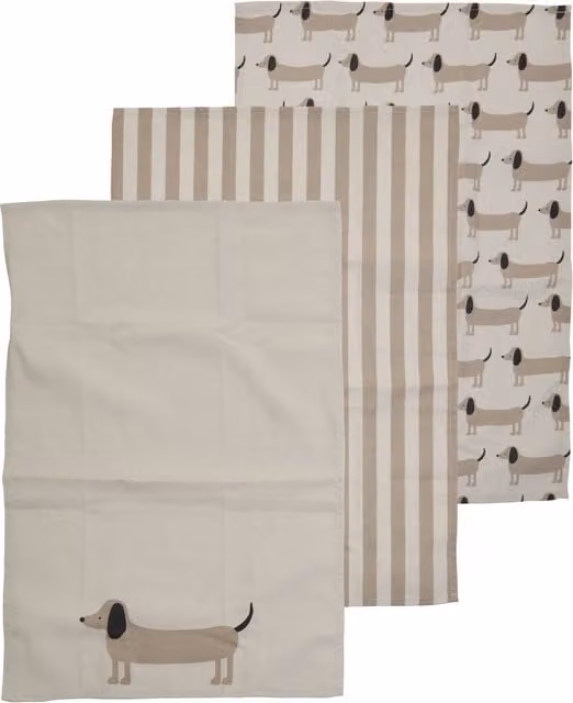 Orsina Set of Three Highly Absorbent Cotton Tea Towels with Sausage Dog Pattern in White and Beige