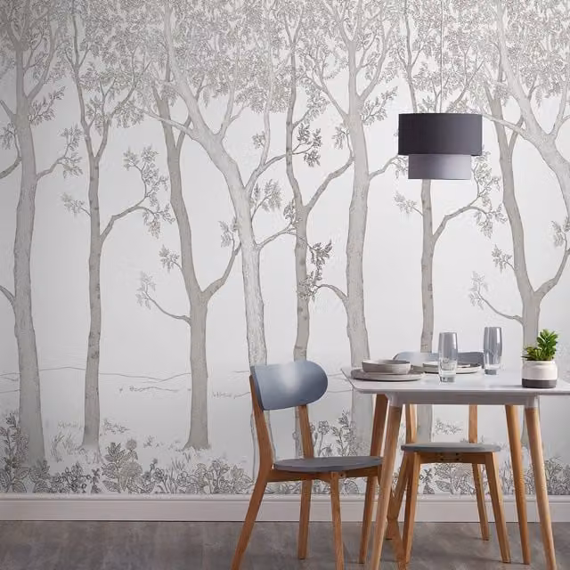 Grandeco Trees 3 Lane Repeatable Textured Vinyl Wallpaper Mural in White and Black