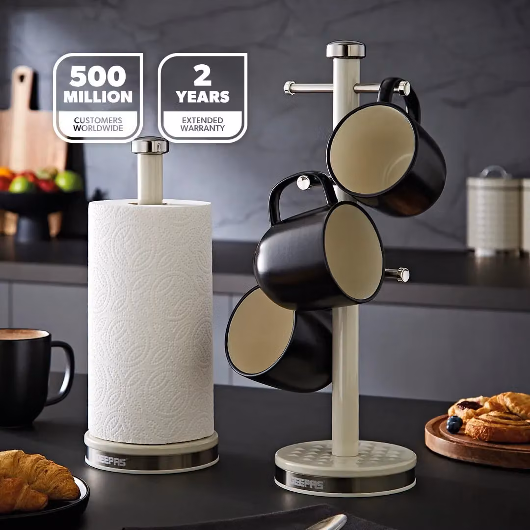 Geepas Argyle Freestanding Mug Tree and Towel Pole Set in Beige and White with Non-Slip Metal Base – 2