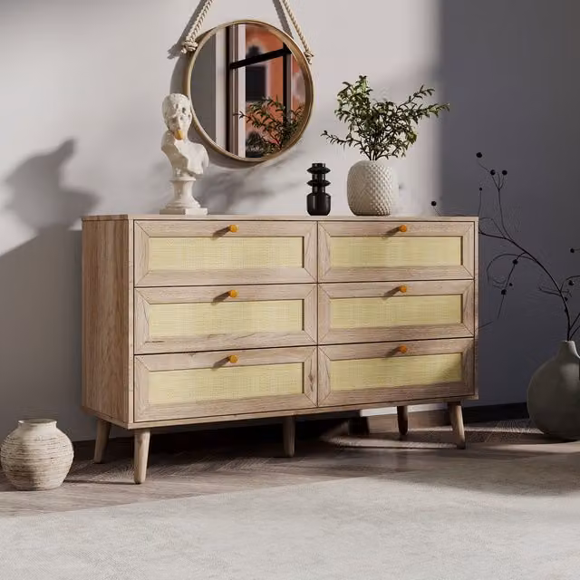 Swish Furniture Willow Rattan 6 Drawer Chest of Drawers in Brown and Beige