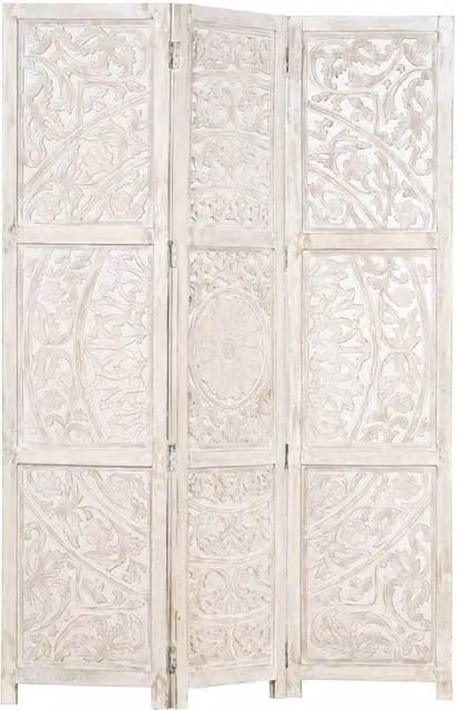 Berkfield Home Hand Carved 3-Panel Floral Room Divider in White Solid Mango Wood W/H: 120 x 165 cm