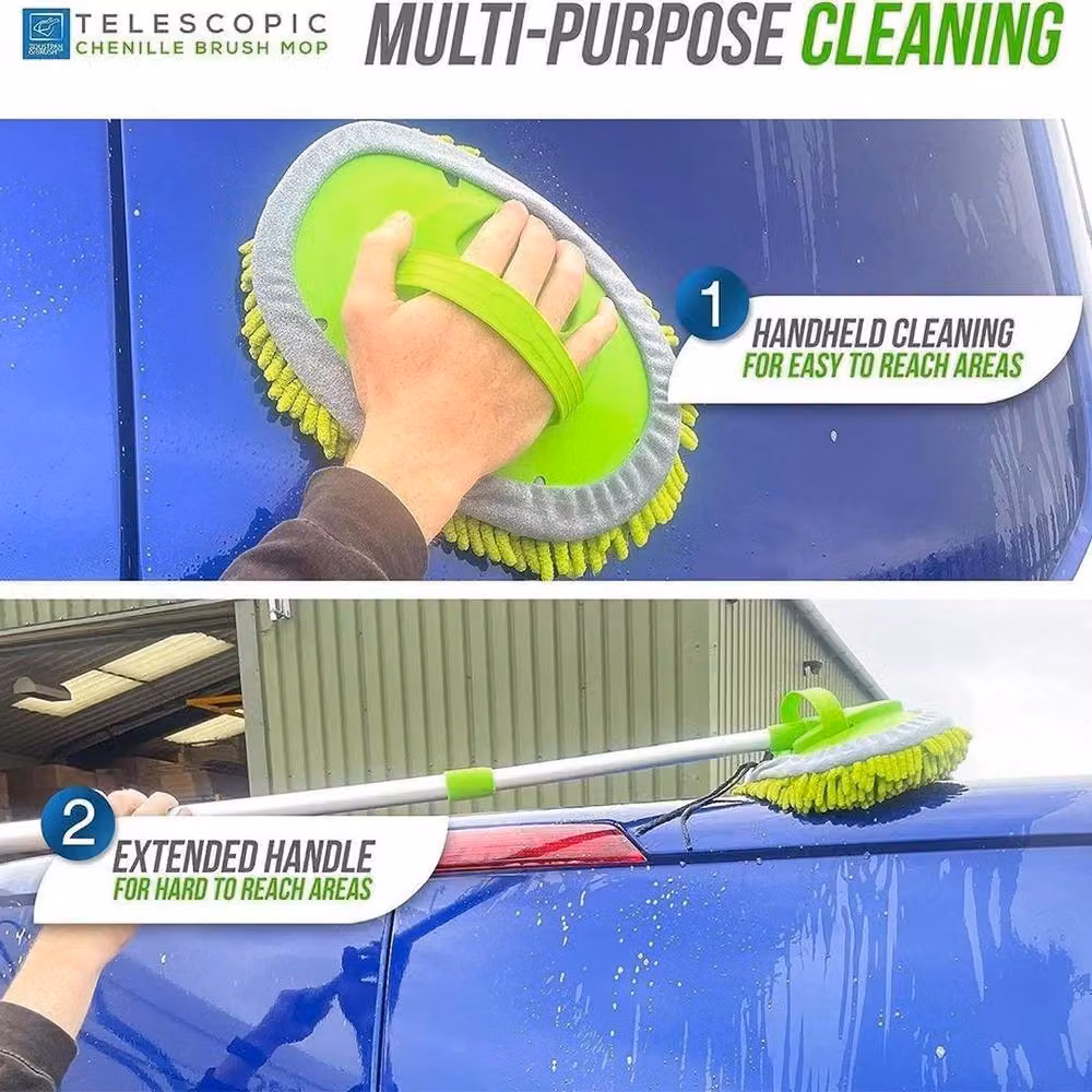 Kelvenix Green Adjustable Long Handle Telescopic Car Wash Brush Mop with Aluminium Telescopic Handle and Microfibre Refillable Head – 3
