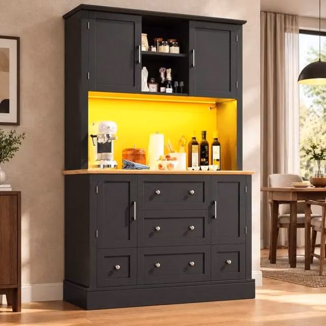 STILVORA Modern Black Kitchen Tall Cabinet with Integrated LED Lighting and Drawers, H 180 x W 40 x D 59 cm