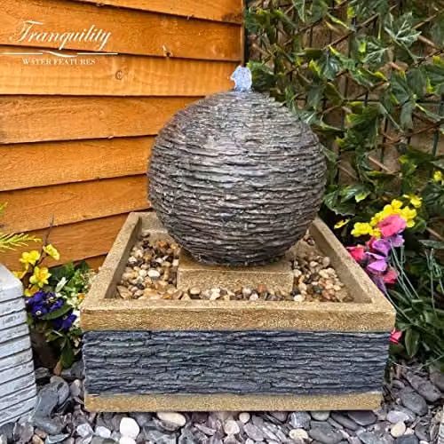 Westbury Garden Products Tranquility Compact Earth Stone Solar Powered Water Feature, Beige and Grey Cascade Tabletop Fountain, W/D/H: 43 x 42 x 42 cm – 1