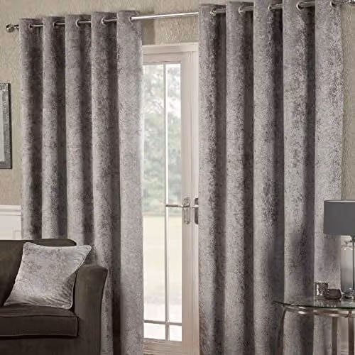 Alan Symonds Home Silver Crushed Velvet Eyelet Curtains, Pair, Width: 167.64 cm, Drop: 228.6 cm