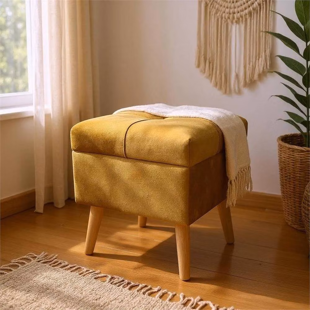 Havendro Mustard Yellow Velvet Square Ottoman with Gold Lift-Up Storage – 3