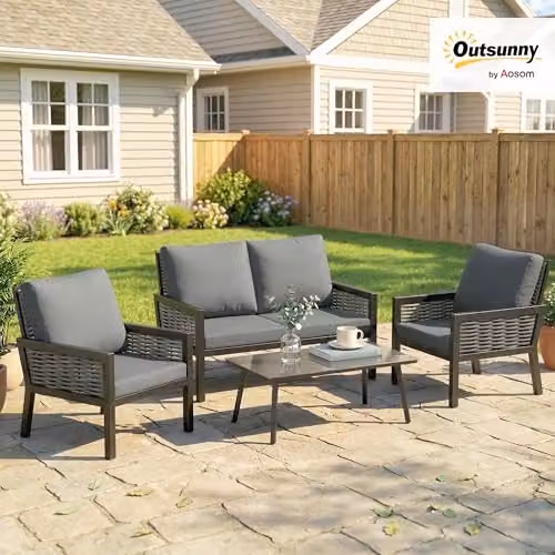 Outsunny 4 Seater Rattan Garden Furniture Set in Grey with Coffee Table, 2 Seater Sofa, and Lounge Armchairs – 2