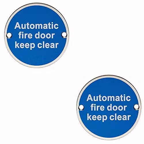 Loops 2 Pack Automatic Fire Door Keep Clear Plaque, Brushed Satin Stainless Steel, Diameter: 7.6 cm