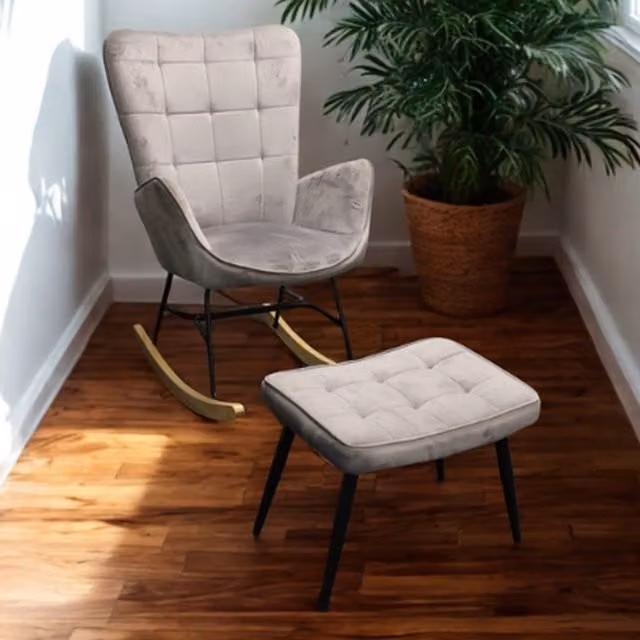 Kosy Koala Grey Velvet Recliner Rocking Chair with Ottoman