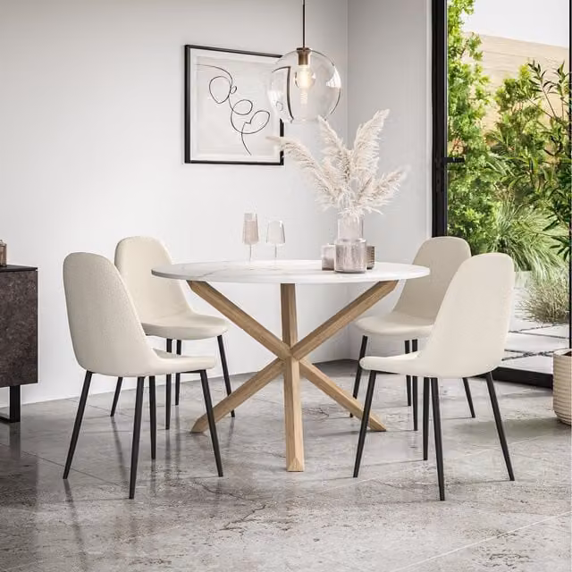 More4Homes Malvern Round Marble Effect Dining Table Set with Oak Legs and 4 White Maya Boucle Chairs, W/D/H: 120 x 120 x 75 cm