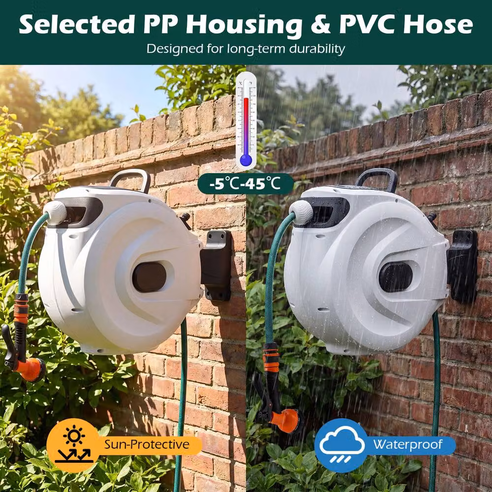 Gymax White Wall-Mounted Retractable Hose Reel with Auto-Rewind, 1/2 Inch, 20m + 2m – 8