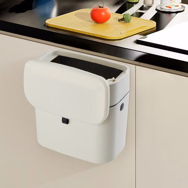 Livingandhome Wall Mounted Plastic Hanging Trash Bin with Flip Lid in Beige or White