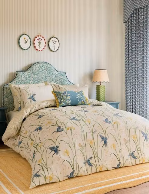 Sanderson Kingfisher & Iris Floral Cotton Percale Bedding Set, Beige, Single (3 ft)