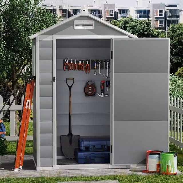 FLAVORA Grey Plastic Outdoor Garden Tool Shed and Tall Cabinet – 1