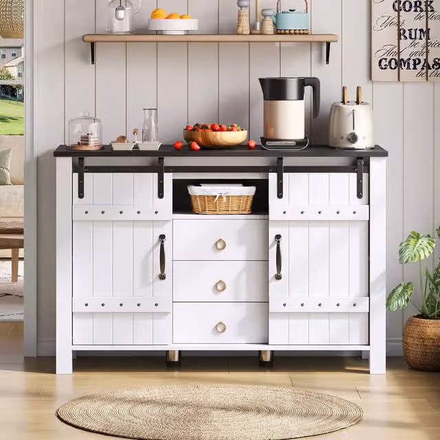 Merax White Sideboard with Sliding Doors and 3 Soft Close Drawers, W: 120 cm, H: 80 cm, D: 40 cm – 1