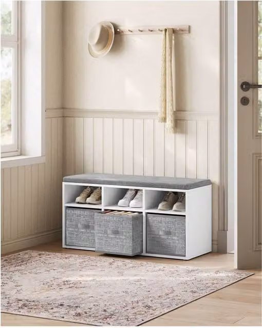 VASAGLE White Storage Shoe Bench with Fabric Cushion and Adjustable Shelves W/D/H: 87 x 30.3 x 48 cm