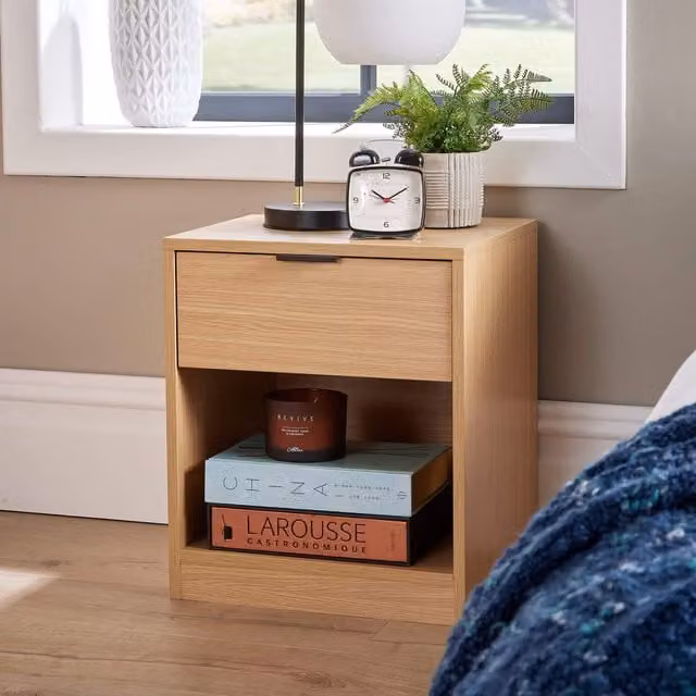 Home Source Phoenix 1 Drawer Bedside Table Storage Unit in Oak