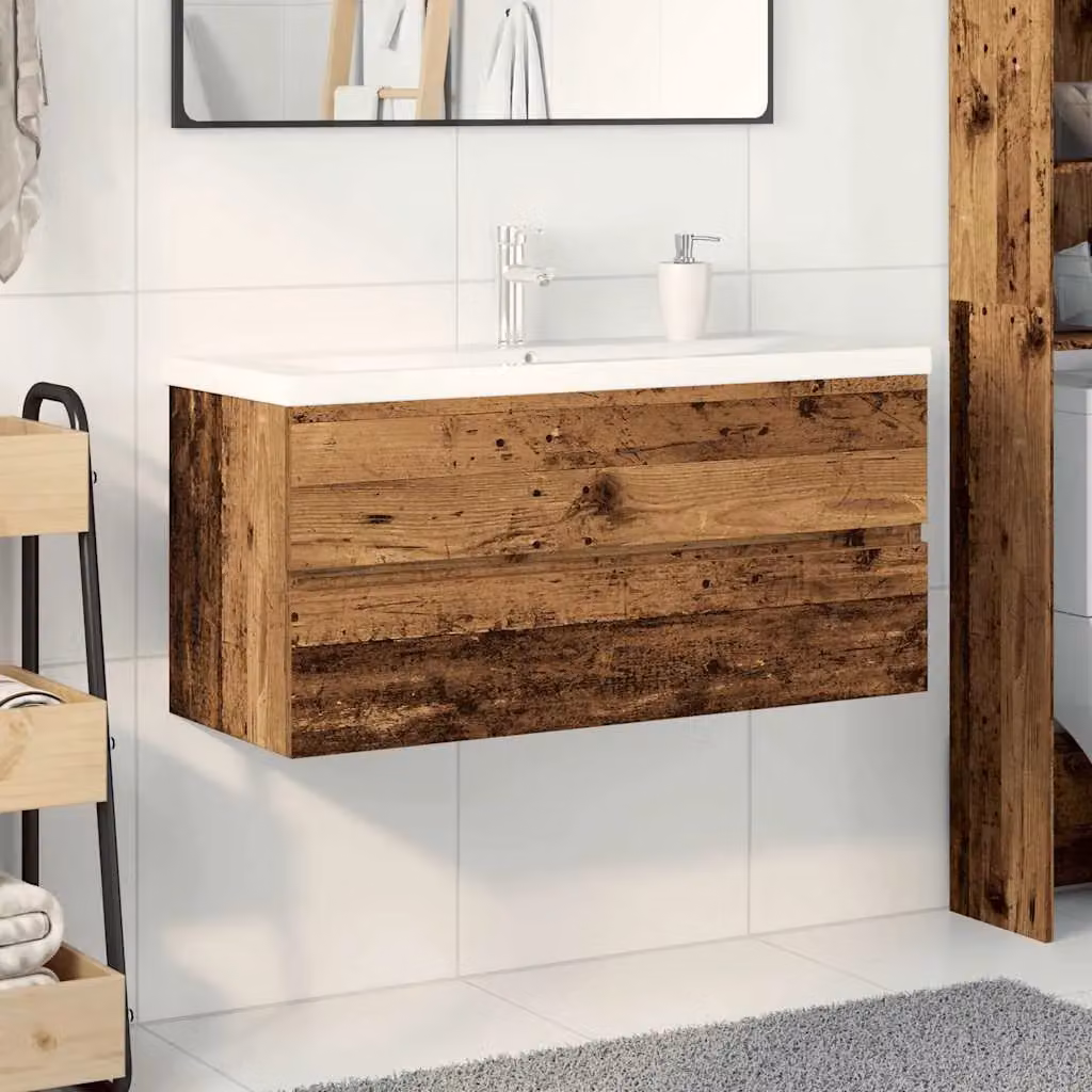 Berkfield Home Rustic Wall Mounted Sink Cabinet with Built-in Basin and Faucet in Brown Old Wood – 3