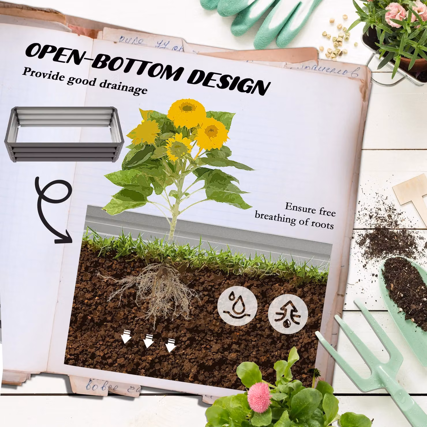 OUTSUNNY Set of 2 Galvanised Steel Raised Garden Planter Boxes in Grey – 3