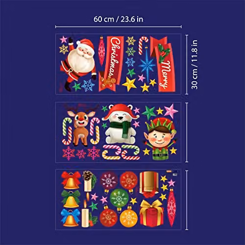 WALPLUS Christmas Window Stickers, 59 Piece Reusable Double-Sided Multicolour Xmas Window Clings with Stars for Holiday Party Decorations – 4