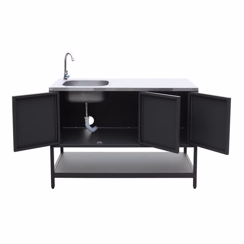 sweeek Outdoor Kitchen with Charcoal Barbecue and 2 Sink Modules in Black and Stainless Steel – 2