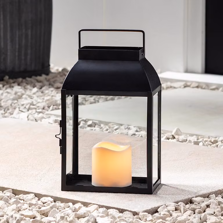 Lights4fun Devon Black Metal Battery Operated Waterproof Outdoor Garden Candle Lantern with Warm White LED, Height: 35 cm
