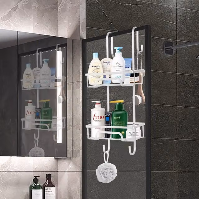 House Of Home 2 Tier Aluminium Over Door Hanging Shower Caddy with Hooks, Silver