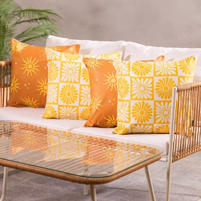 ICON 4-Pack Square Outdoor Cushions in Summer Sun and Summer Flower Designs, Yellow, Stain Repellent and Oeko-Tex Standard 100 Certified