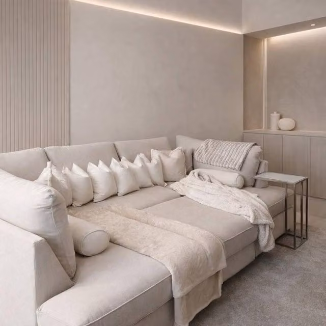 Home & Love Carnaby Cinema U-Shape Corner Sofa in Naples Cream with Matching Ottoman and Scatter Cushions