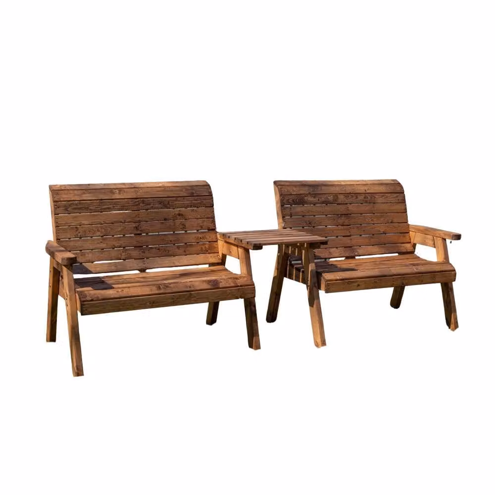 Samuel Alexander Hand Made 4 Seater Chunky Rustic Pine Wood Furniture Set with 2 Benches and Straight Tray in Brown – 4