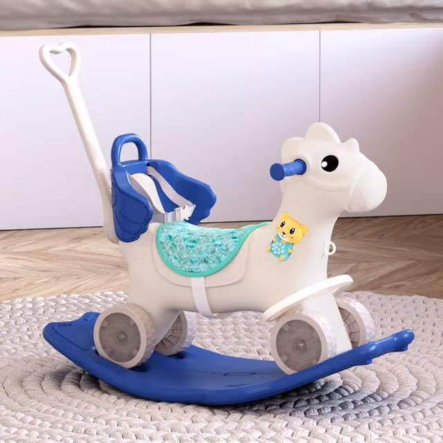 Livingandhome Blue Plastic and Textile Flying Horse Baby Rocker Seesaw