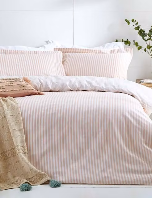 YARD Hebden Striped Reversible Cotton Duvet Cover Set, Light Pink Mix, W: 180 cm, H: 200 cm