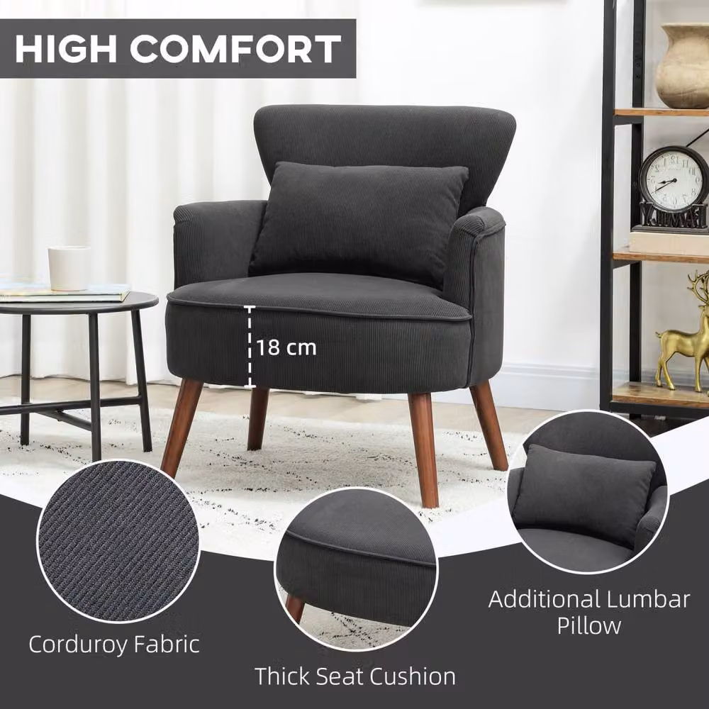 Wyld Haus Mielyo Black Corduroy Retro Accent Armchair with Solid Wood Frame, W/D/H: 78.0 x 69.0 x 69.5 cm – 6