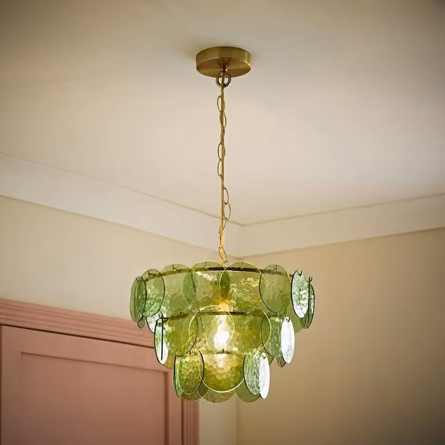 ValueLights Juliette 3 Tier Art Deco Chandelier Ceiling Pendant Light with Bulb in Green and Gold/Brass