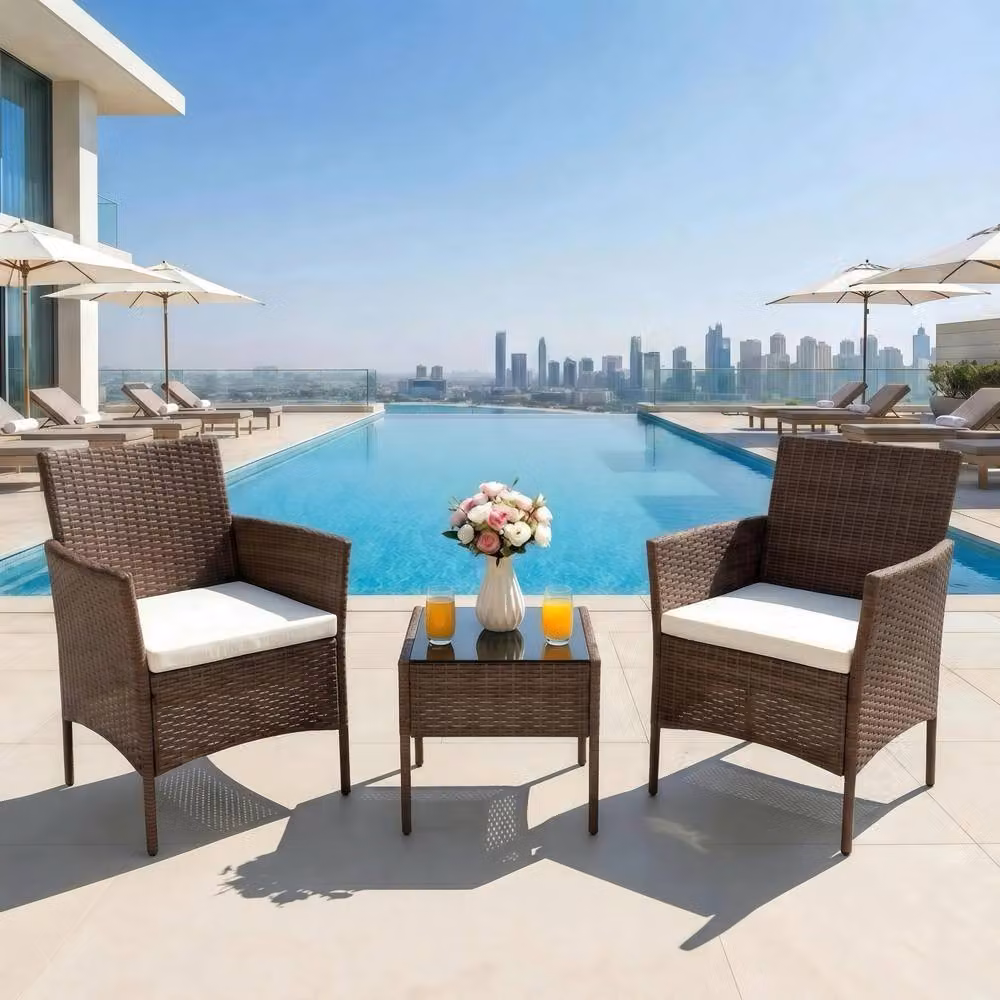 Alivio Modern Brown Polyrattan Bistro Set with 2 Lounge Armchairs, Cushions and Coffee Table – 4