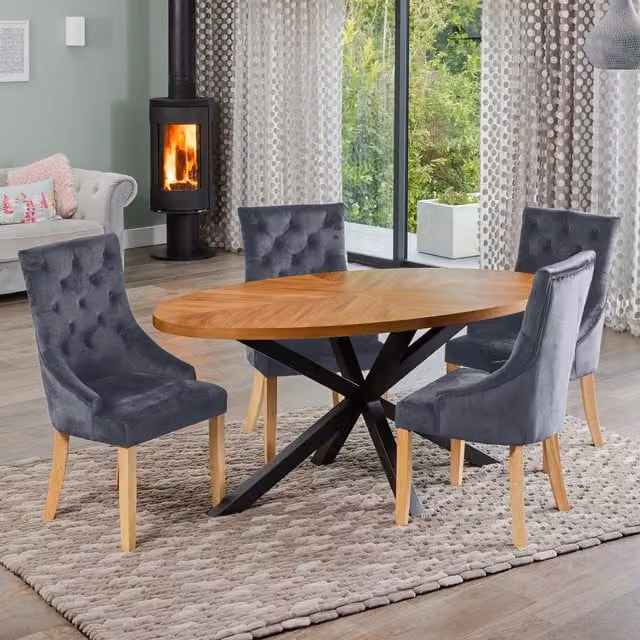 Artemis Home Dosenna Oval Dining Table Set with 4 Ravenna Grey Velvet Chairs
