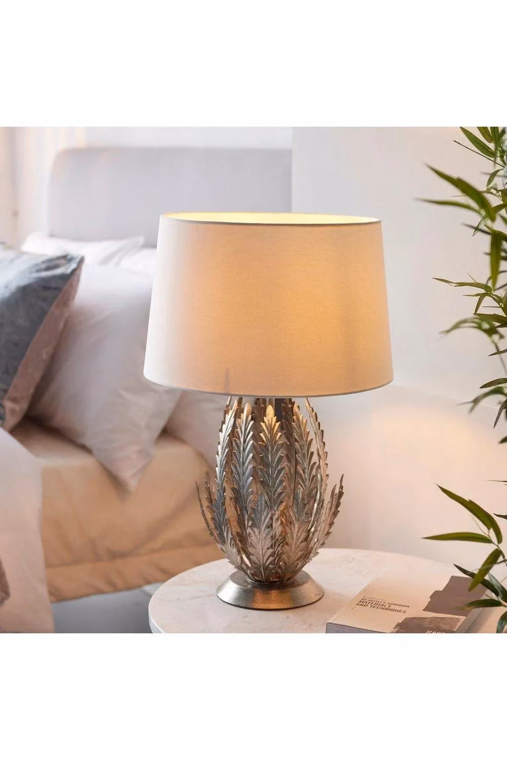 Netlighting Delphine Silver Layered Leaf Table Lamp with White Fabric Cylinder Shade – 2