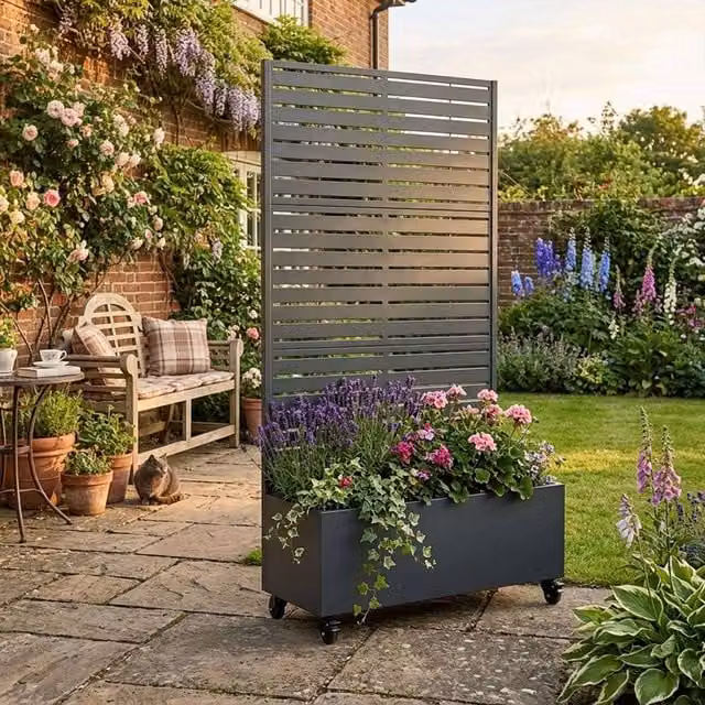 Nicoman Metal Indoor Outdoor Privacy Screen with Plant Pot, Grey, H 180 x W 90 cm