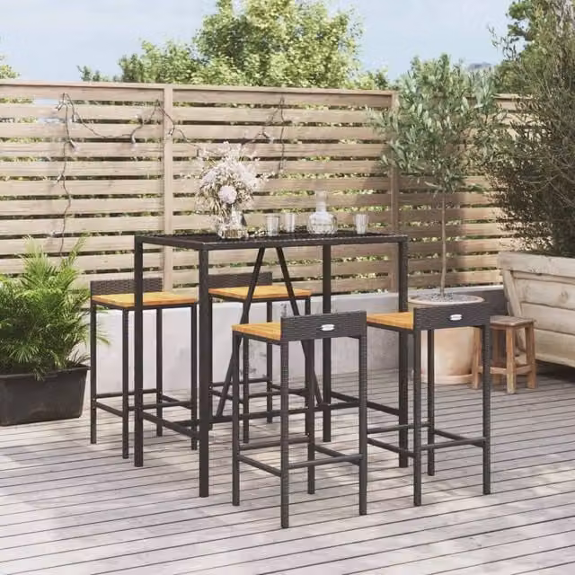Berkfield Home 5 Piece Garden Bar Set in Black Poly Rattan and Solid Wood Acacia – 1