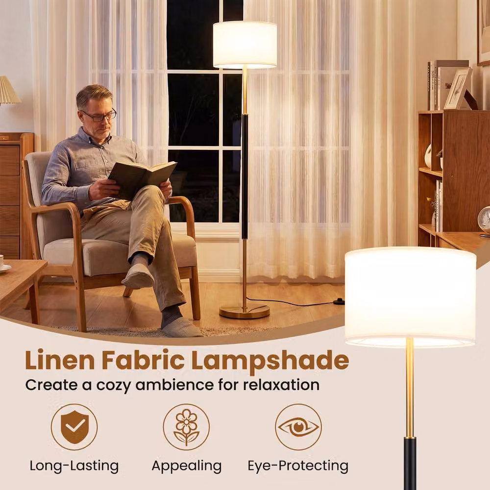 Gymax Modern Gold Floor Lamp with Fabric Cylinder Lampshade and Foot Switch – 4